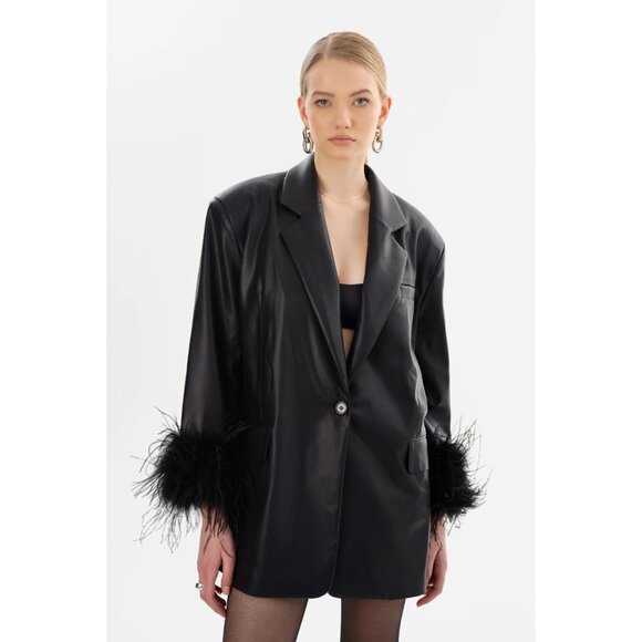 LAMARQUE Galia Black Faux Leather Feather Trim Oversized Blazer, Size XS/S - Picture 2 of 13